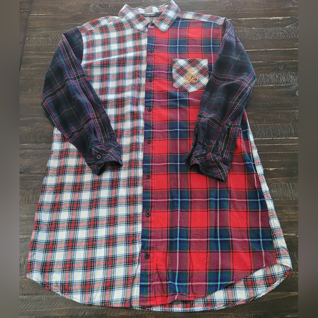 Lauren Ralph Lauren Womens Plaid Patch Work Night Sleep Shirt Size M Gold Logo